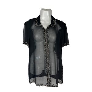 J Laxmi New York Vintage Beaded Top Large Black Sheer Short Sleeve Blouse